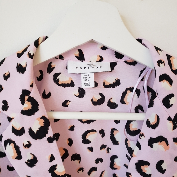 TOPSHOP Pink Animal Print Frill Tie Front Blouse Size 4 - Picture 4 of 13